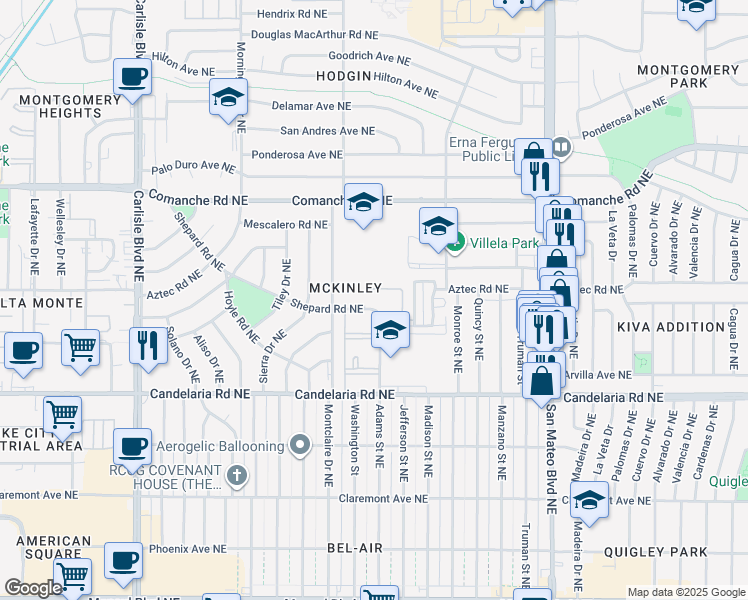 map of restaurants, bars, coffee shops, grocery stores, and more near 4425 Shepard Road Northeast in Albuquerque