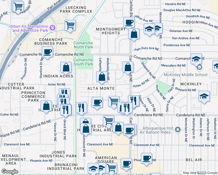 map of restaurants, bars, coffee shops, grocery stores, and more near 3224 Lafayette Drive Northeast in Albuquerque