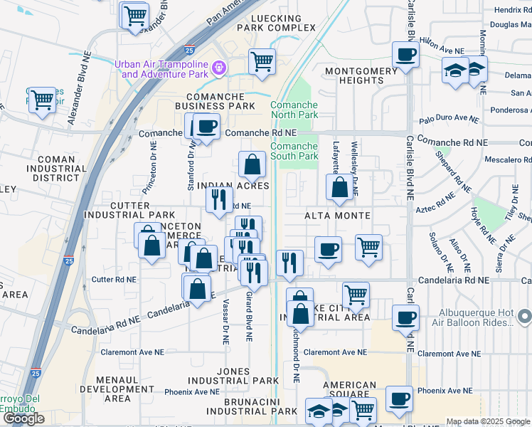 map of restaurants, bars, coffee shops, grocery stores, and more near North Channel Trail in Albuquerque