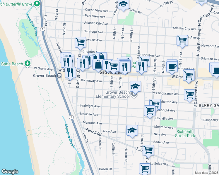map of restaurants, bars, coffee shops, grocery stores, and more near 718 Longbranch Avenue in Grover Beach