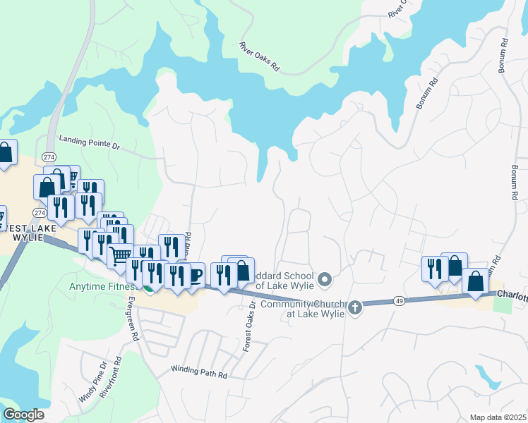 map of restaurants, bars, coffee shops, grocery stores, and more near 299 Senator Road in Lake Wylie