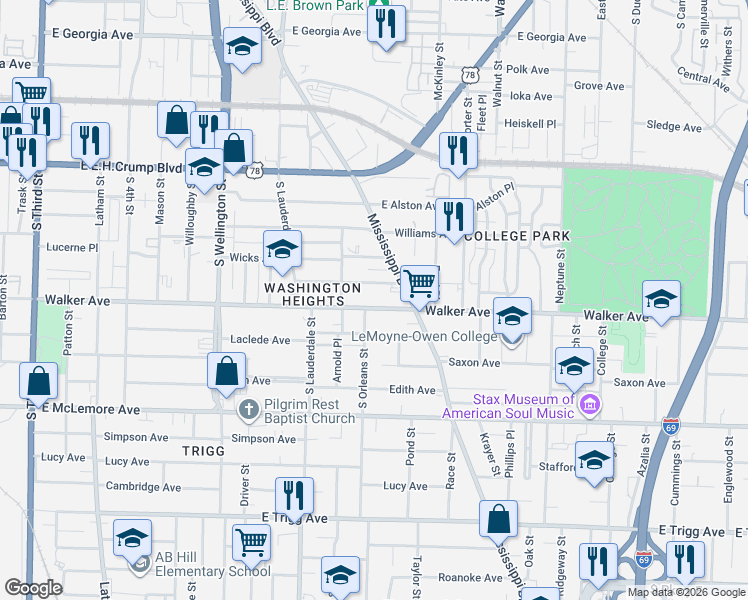 map of restaurants, bars, coffee shops, grocery stores, and more near 643 Walker Avenue in Memphis