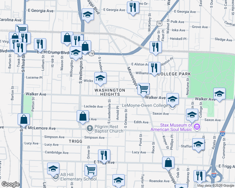 map of restaurants, bars, coffee shops, grocery stores, and more near 599 Walker Avenue in Memphis