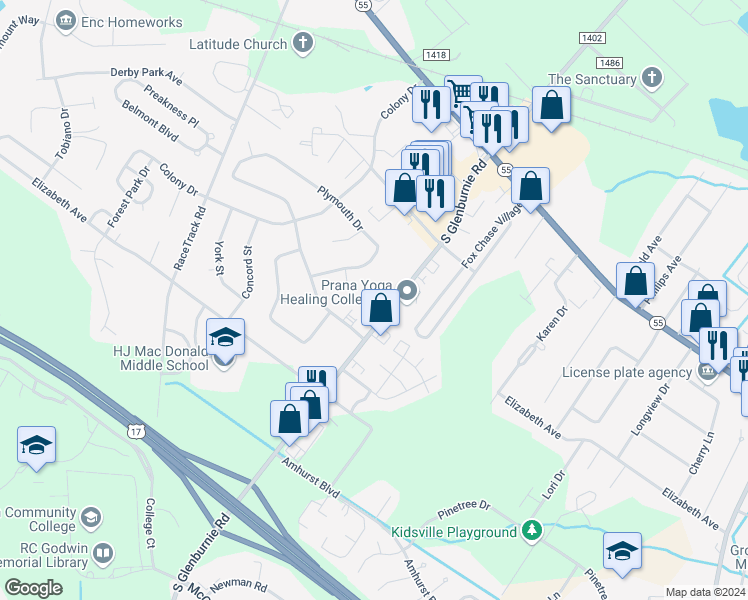 map of restaurants, bars, coffee shops, grocery stores, and more near 1336 South Glenburnie Road in New Bern