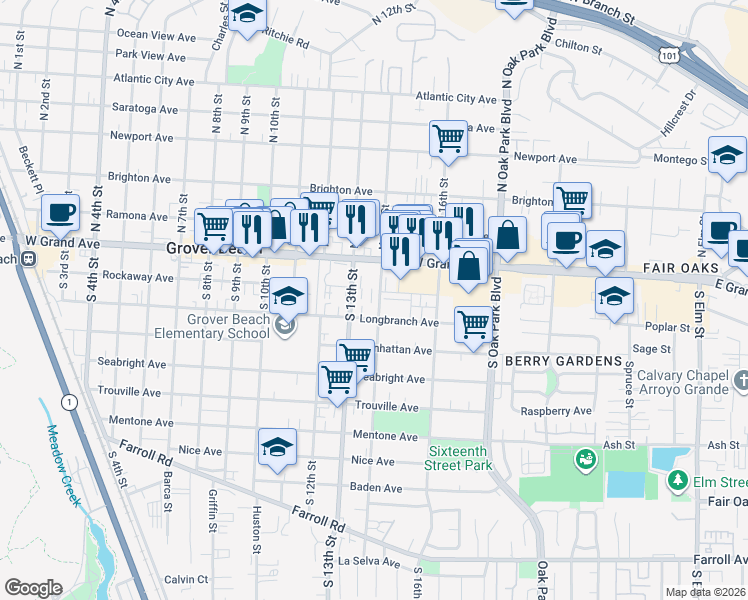 map of restaurants, bars, coffee shops, grocery stores, and more near 1370 West Grand Avenue in Grover Beach