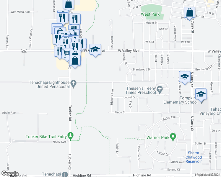 map of restaurants, bars, coffee shops, grocery stores, and more near 1037 Hickory Avenue in Tehachapi