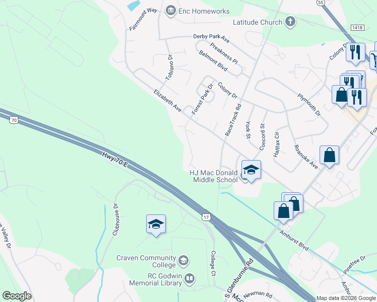 map of restaurants, bars, coffee shops, grocery stores, and more near 226 Forest Park Drive in New Bern