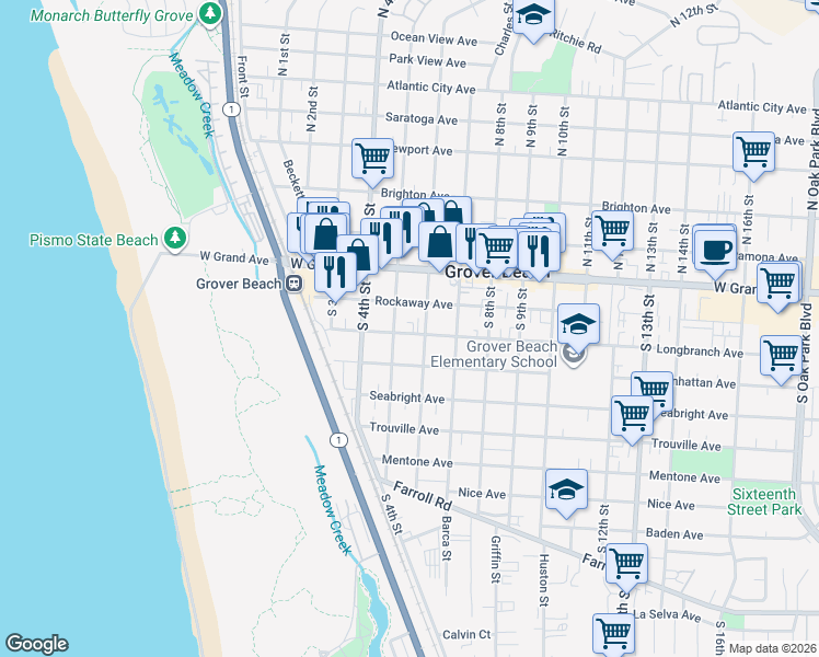 map of restaurants, bars, coffee shops, grocery stores, and more near 529 Longbranch Avenue in Grover Beach