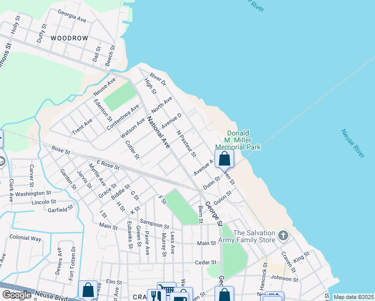 map of restaurants, bars, coffee shops, grocery stores, and more near 404 Avenue B in New Bern