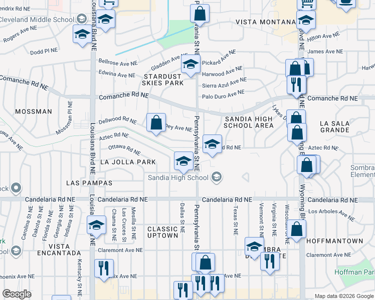 map of restaurants, bars, coffee shops, grocery stores, and more near 7514 Pennsylvania Lane Northeast in Albuquerque