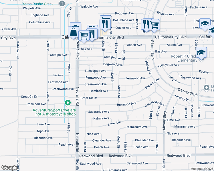 map of restaurants, bars, coffee shops, grocery stores, and more near 8236 Greenwood Avenue in California City