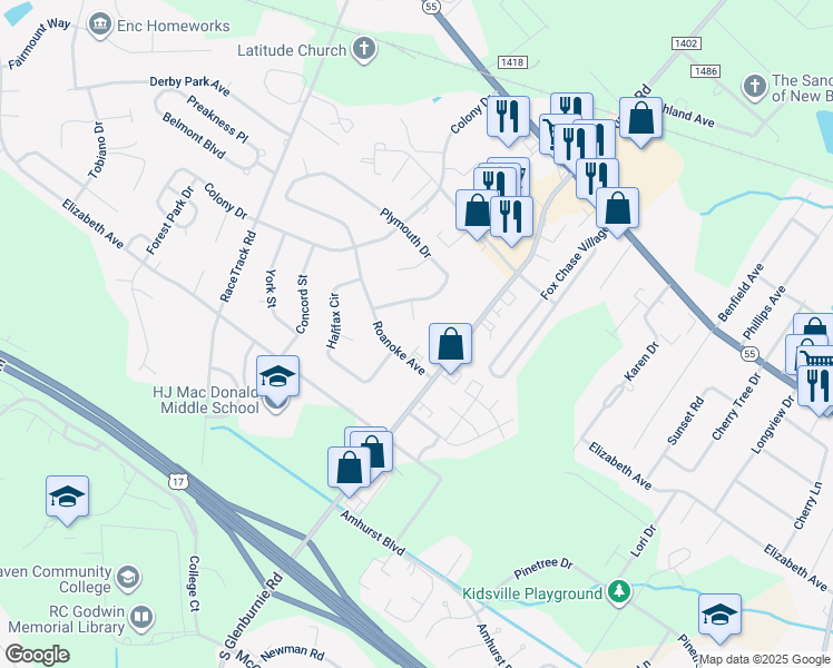 map of restaurants, bars, coffee shops, grocery stores, and more near 2906 Dare Court in New Bern