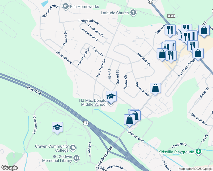 map of restaurants, bars, coffee shops, grocery stores, and more near 3206 Elizabeth Avenue in New Bern