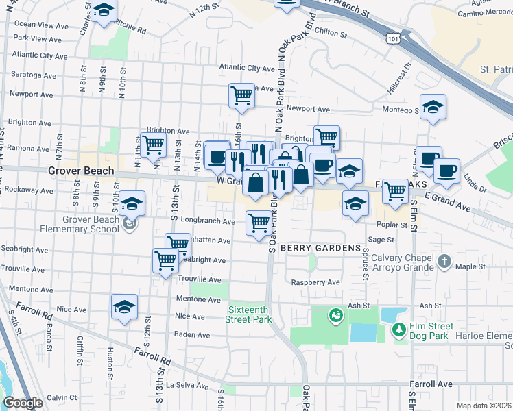 map of restaurants, bars, coffee shops, grocery stores, and more near 1679 Longbranch Avenue in Grover Beach
