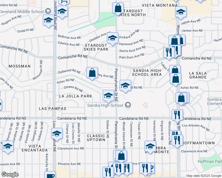 map of restaurants, bars, coffee shops, grocery stores, and more near 7505 Pennsylvania Lane Northeast in Albuquerque