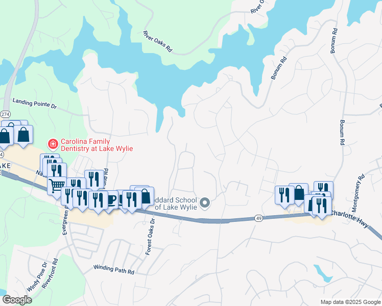 map of restaurants, bars, coffee shops, grocery stores, and more near 46 Warwick Circle in Clover