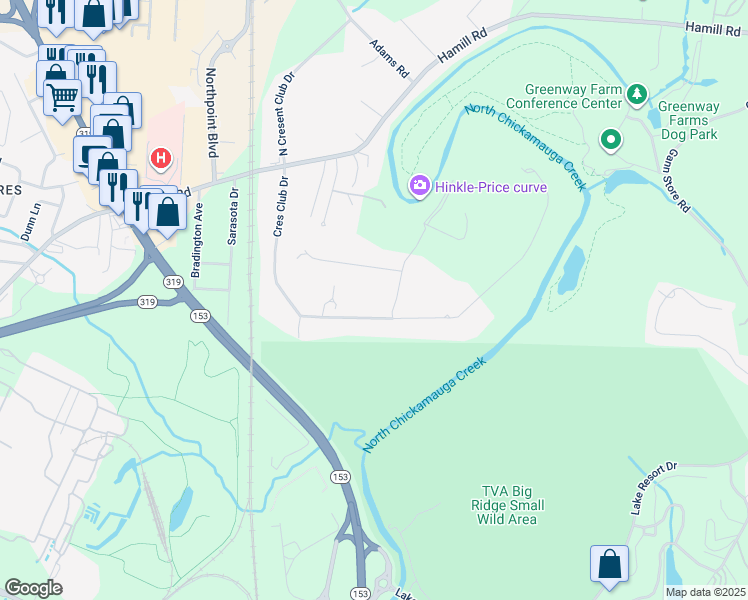 map of restaurants, bars, coffee shops, grocery stores, and more near 2413 Crescent Club Drive in Chattanooga
