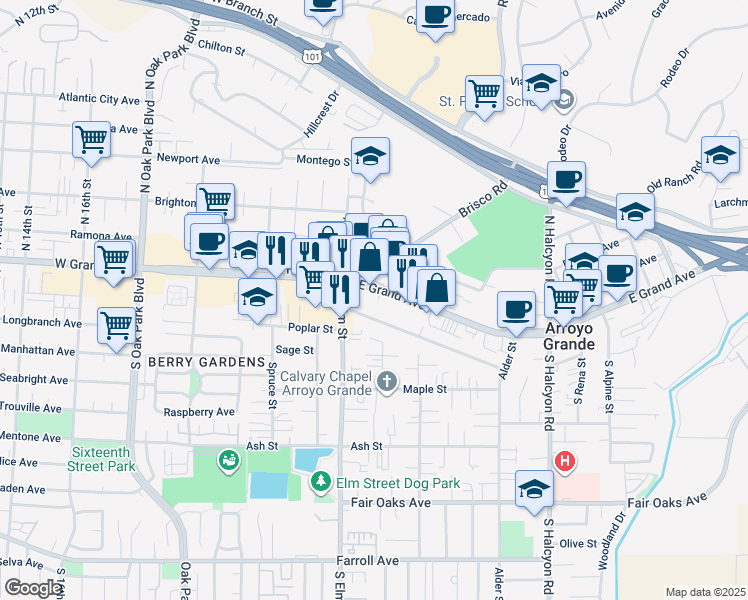 map of restaurants, bars, coffee shops, grocery stores, and more near 1167 East Grand Avenue in Arroyo Grande
