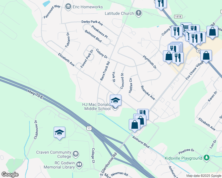 map of restaurants, bars, coffee shops, grocery stores, and more near 3206 Elizabeth Avenue in New Bern