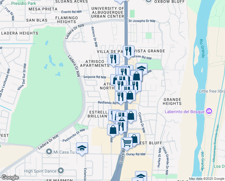 map of restaurants, bars, coffee shops, grocery stores, and more near 3019 Atrisco Drive Northwest in Albuquerque