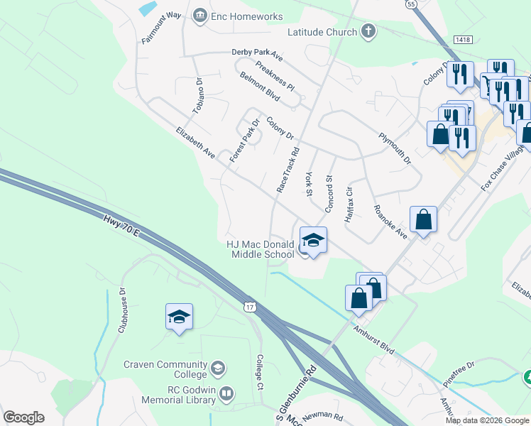 map of restaurants, bars, coffee shops, grocery stores, and more near 1497 RaceTrack Road in New Bern