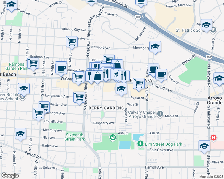 map of restaurants, bars, coffee shops, grocery stores, and more near 1375 East Grand Avenue in Arroyo Grande