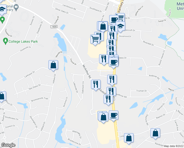 map of restaurants, bars, coffee shops, grocery stores, and more near 362 McArthur Road in Fayetteville