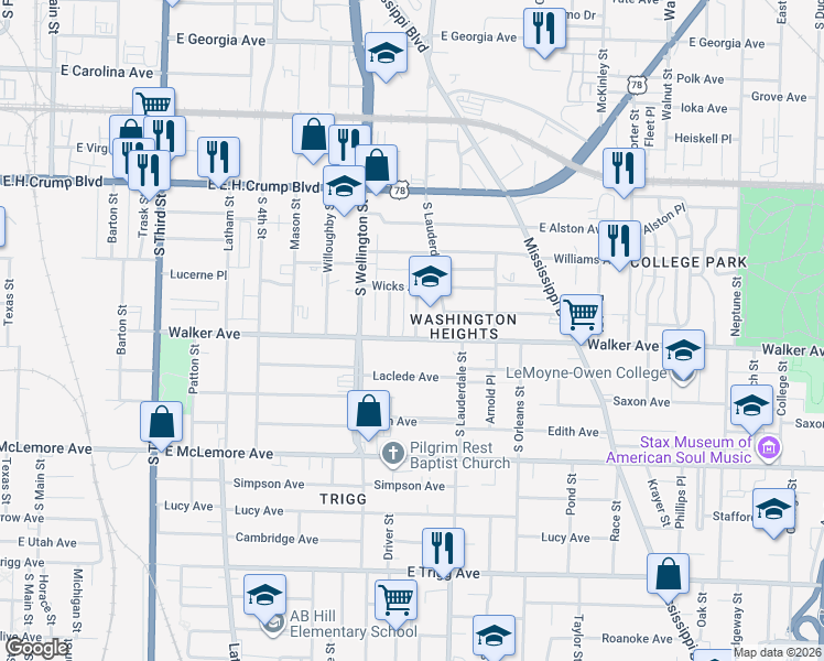 map of restaurants, bars, coffee shops, grocery stores, and more near 508 Walker Avenue in Memphis