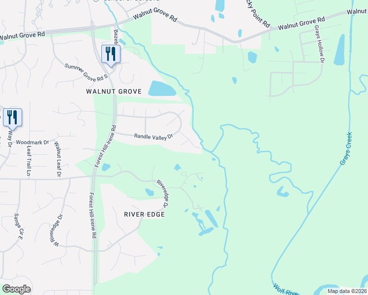 map of restaurants, bars, coffee shops, grocery stores, and more near 197 Owls Roost Lane in Shelby County