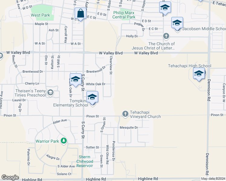 map of restaurants, bars, coffee shops, grocery stores, and more near 1018 Clearview Street in Tehachapi