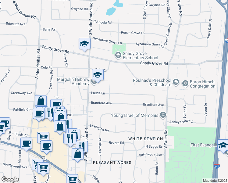 map of restaurants, bars, coffee shops, grocery stores, and more near 5330 Laurie Lane in Memphis