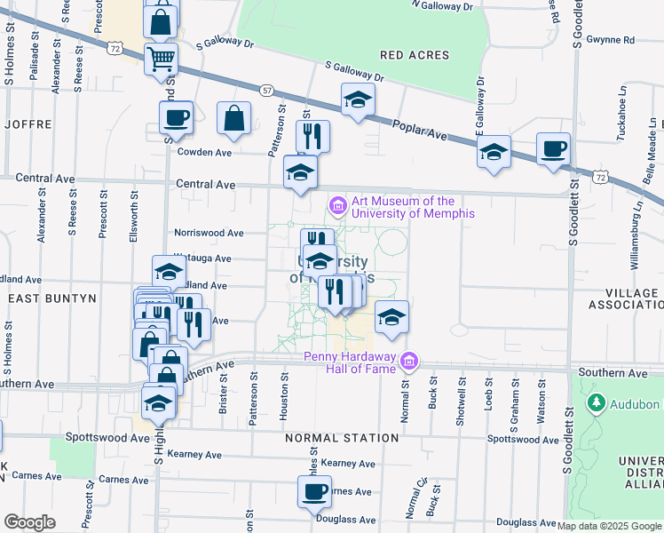 map of restaurants, bars, coffee shops, grocery stores, and more near 3720 Alumni Avenue in Memphis