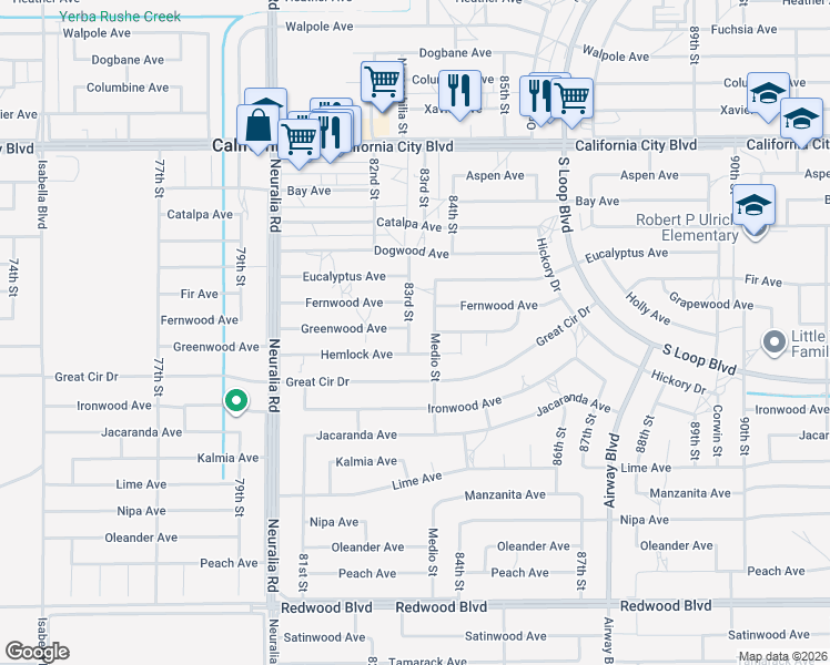 map of restaurants, bars, coffee shops, grocery stores, and more near 20572 83rd Street in California City