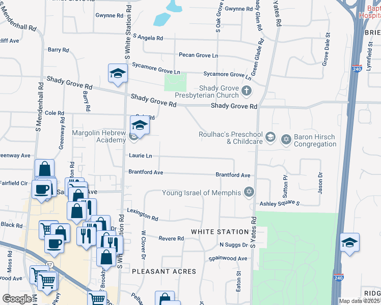 map of restaurants, bars, coffee shops, grocery stores, and more near 5411 Laurie Lane in Memphis