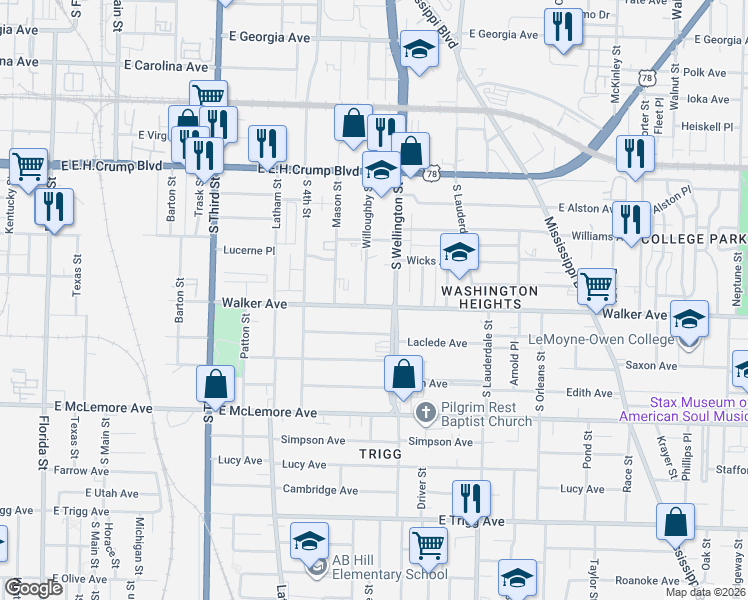 map of restaurants, bars, coffee shops, grocery stores, and more near 421 Walker Avenue in Memphis