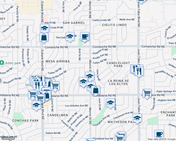 map of restaurants, bars, coffee shops, grocery stores, and more near 3324 Betts Drive Northeast in Albuquerque