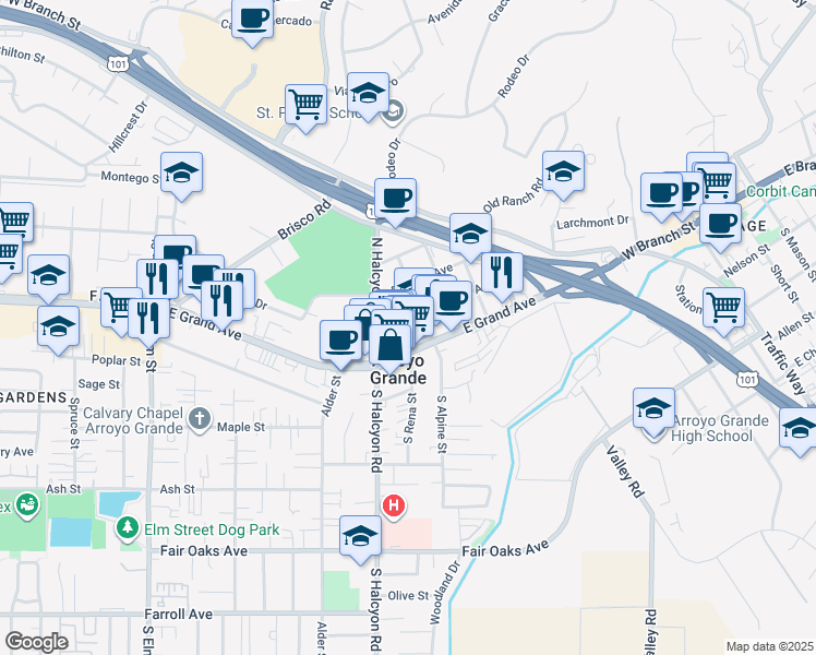 map of restaurants, bars, coffee shops, grocery stores, and more near 715 Cornwall Avenue in Arroyo Grande