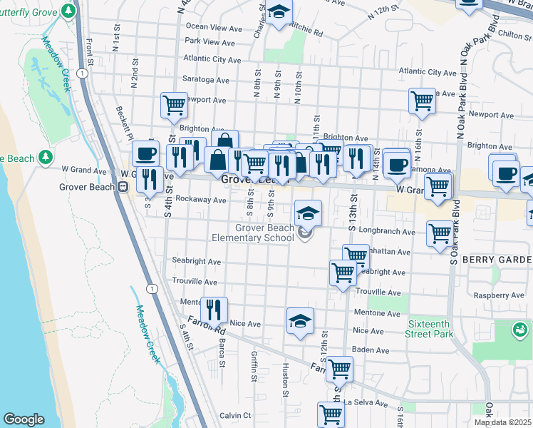 map of restaurants, bars, coffee shops, grocery stores, and more near 836 Longbranch Avenue in Grover Beach