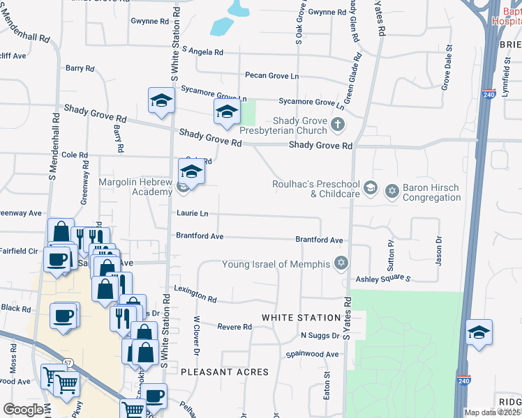 map of restaurants, bars, coffee shops, grocery stores, and more near 5411 Laurie Lane in Memphis