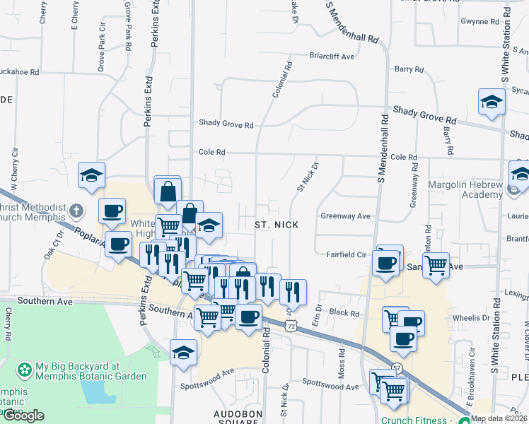 map of restaurants, bars, coffee shops, grocery stores, and more near 420 Colonial Road in Memphis