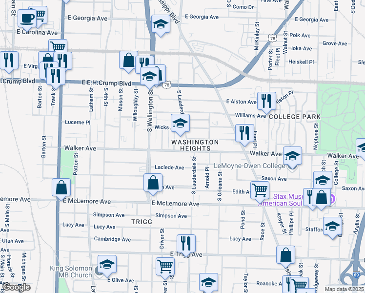 map of restaurants, bars, coffee shops, grocery stores, and more near 995 South Lauderdale Street in Memphis
