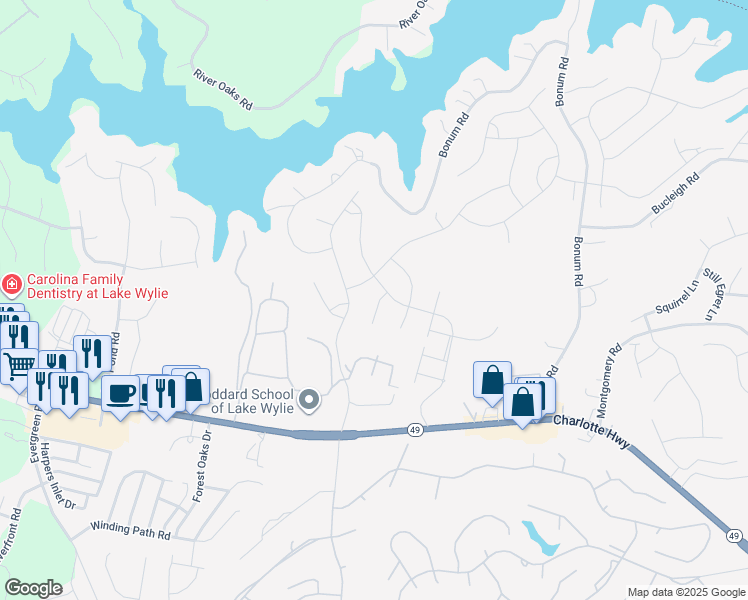 map of restaurants, bars, coffee shops, grocery stores, and more near 1714 Santa Clara Trace in Lake Wylie
