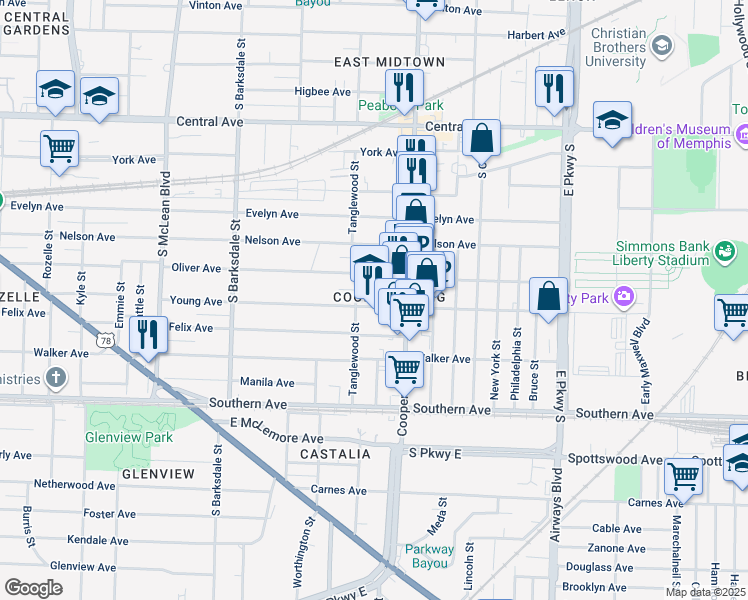 map of restaurants, bars, coffee shops, grocery stores, and more near 2086 Young Avenue in Memphis