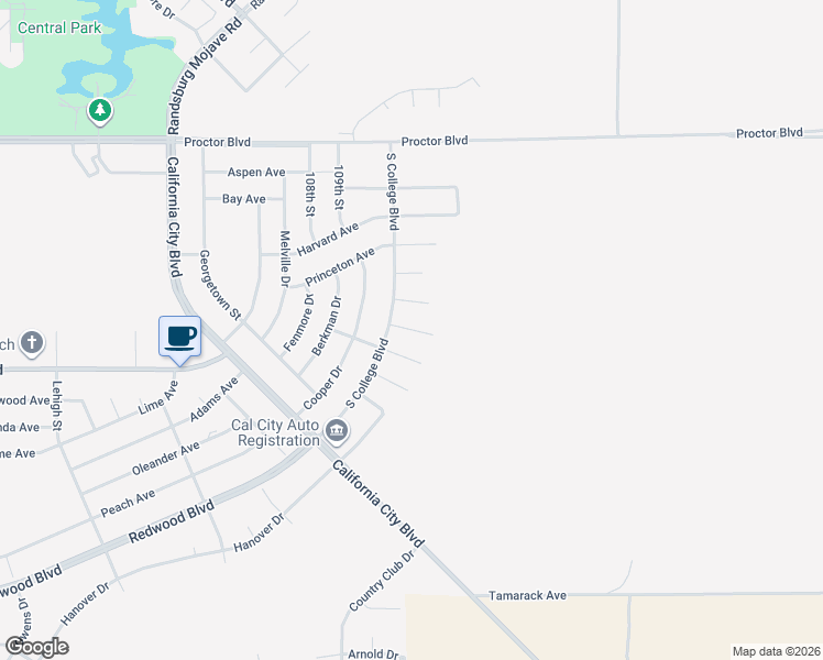 map of restaurants, bars, coffee shops, grocery stores, and more near Cornell Court in California City