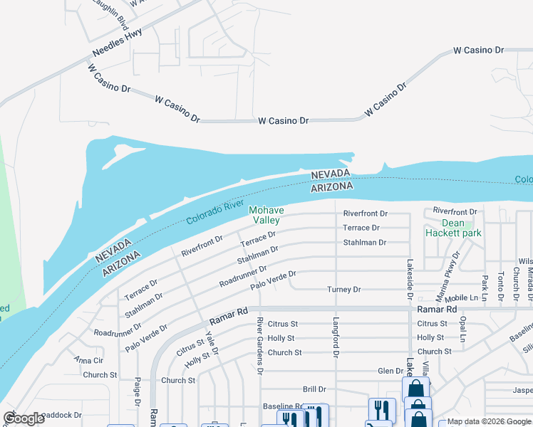 map of restaurants, bars, coffee shops, grocery stores, and more near 780 Riverfront Drive in Bullhead City
