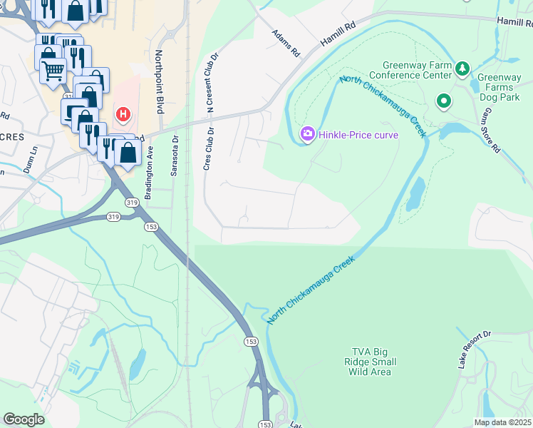 map of restaurants, bars, coffee shops, grocery stores, and more near 2409 Crescent Club Drive in Chattanooga