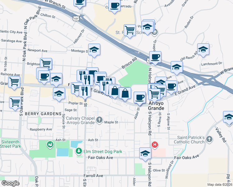 map of restaurants, bars, coffee shops, grocery stores, and more near 1064 East Grand Avenue in Arroyo Grande