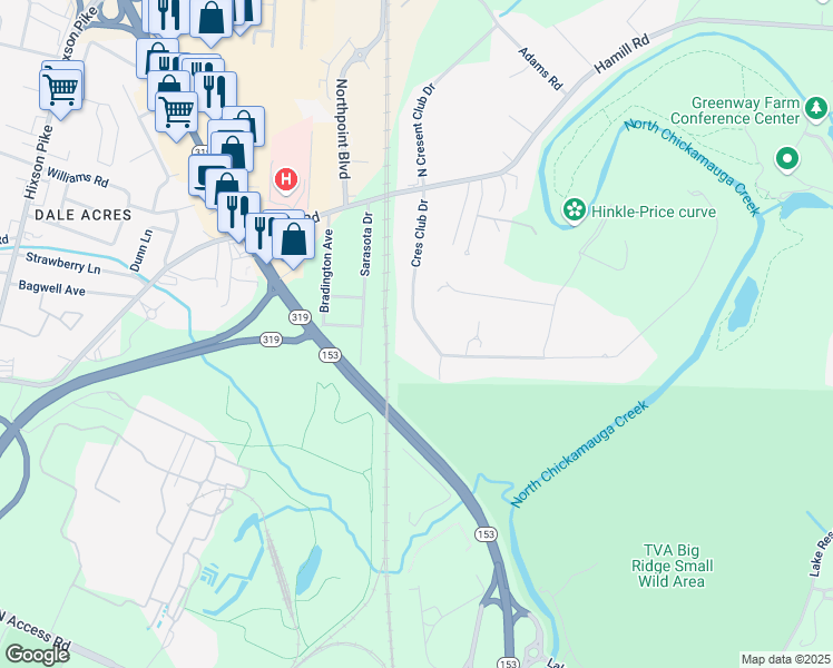 map of restaurants, bars, coffee shops, grocery stores, and more near 2203 Crescent Club Drive in Chattanooga