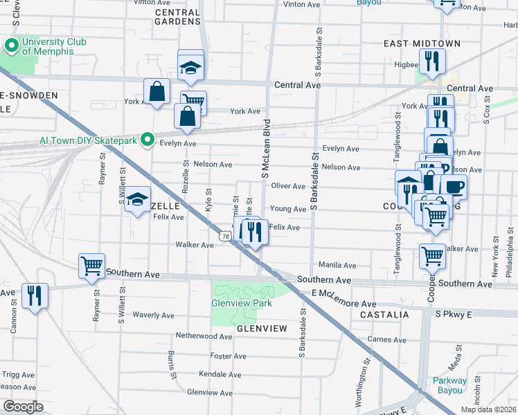 map of restaurants, bars, coffee shops, grocery stores, and more near 1825 Young Avenue in Memphis