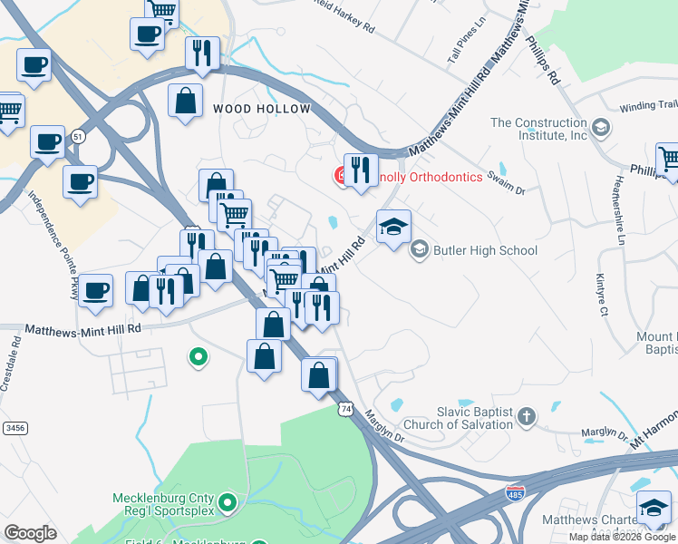 map of restaurants, bars, coffee shops, grocery stores, and more near 1705 Chambers Drive in Matthews